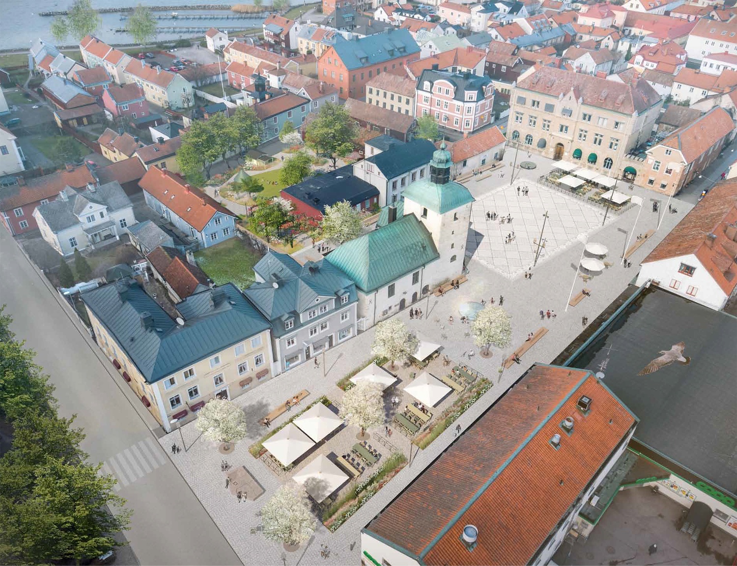 Arkitekternas förslag från ovan. Flygbild över nya Rådhustorget. 