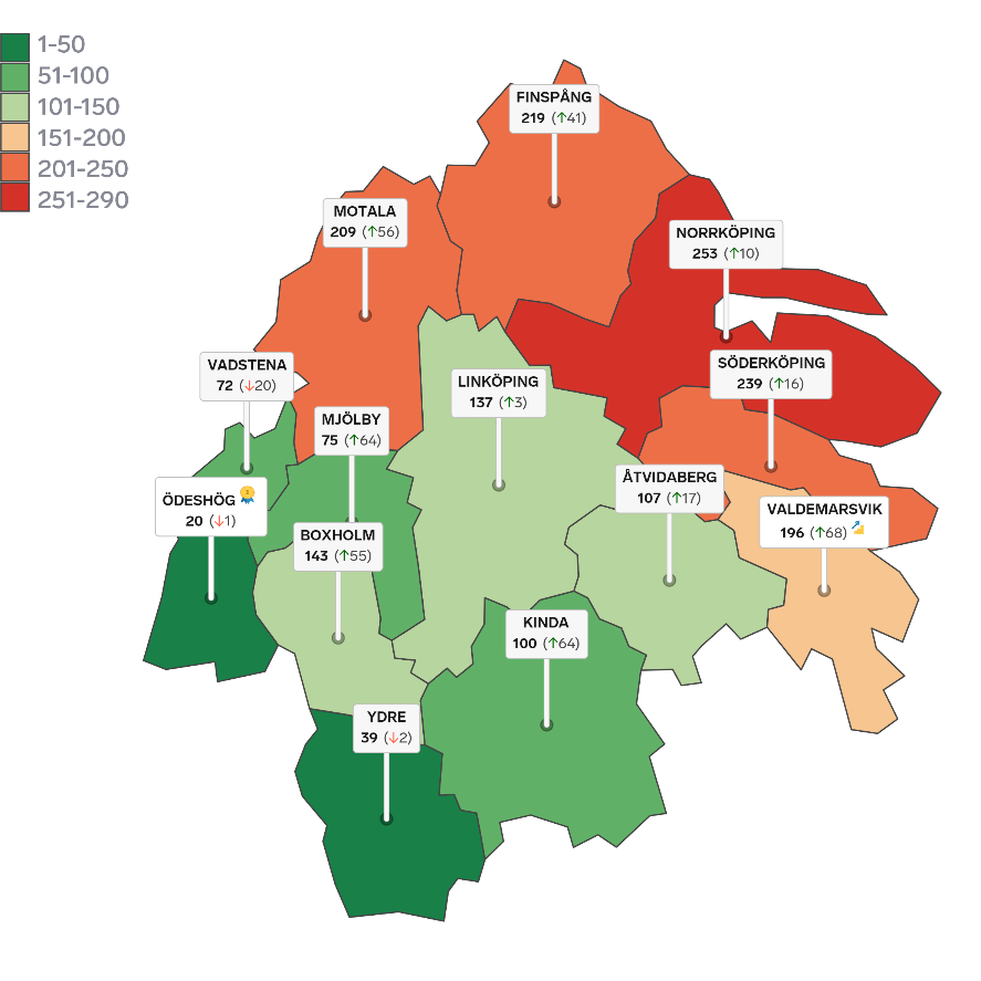 Östergötlands kommuner på karta
